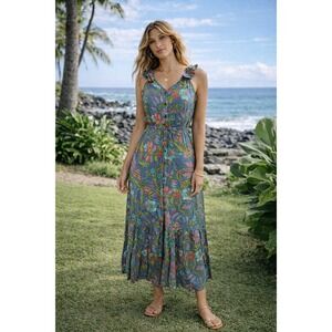 WB9 Anthropolgie Tiare Hawaii Floral Print Maxi Dress Ruffle Open Back Boho Chic